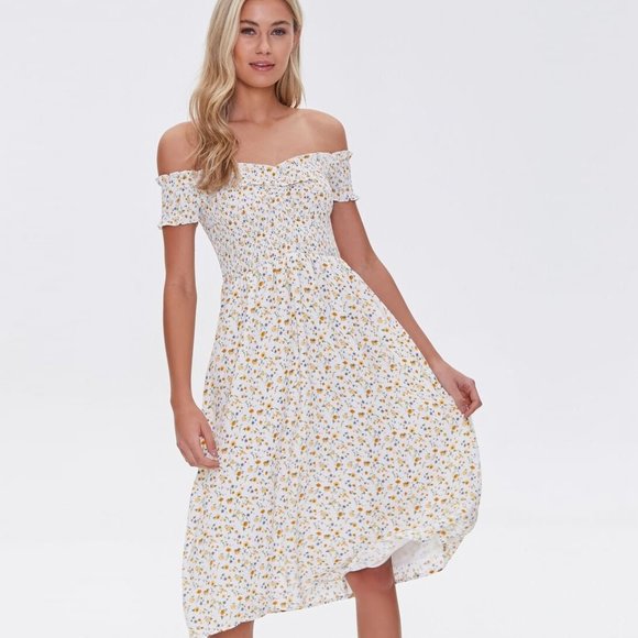 Forever 21 Floral Print Off-the-Shoulder Midi Dress - Picture 1 of 6